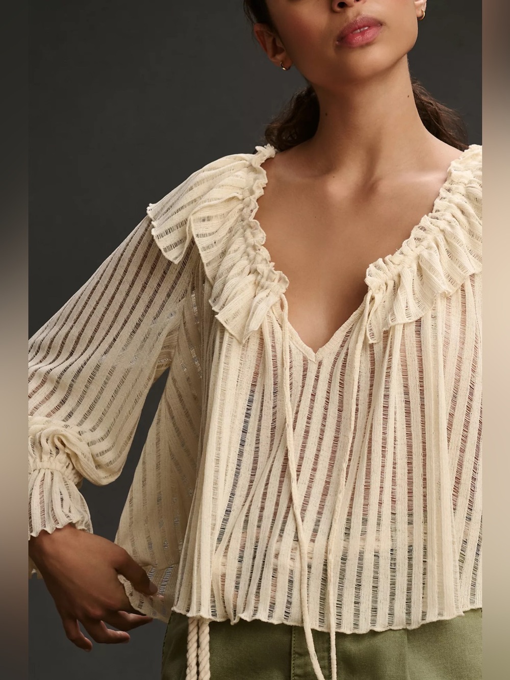 By Anthropologie long sleeve sheer striped crop blouse size Small
